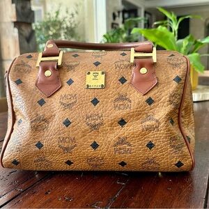 MCM Cognac Visetos Logo Boston bag Satchel with Gold Plate